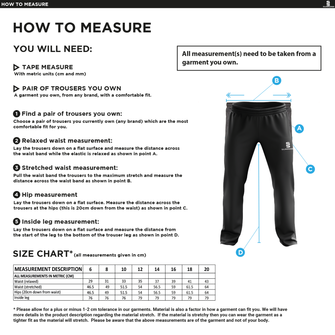 Solihull Blossomfield CC - Ladies Ripstop Track Pant - Size Guide