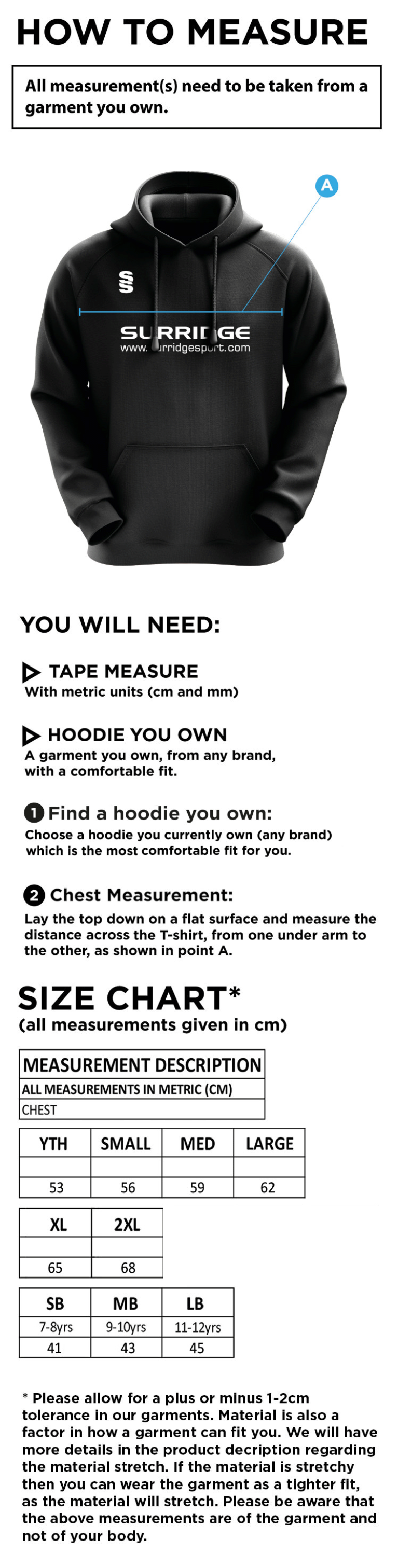 Solihull Blossomfield CC - Blade Hoodie - Size Guide