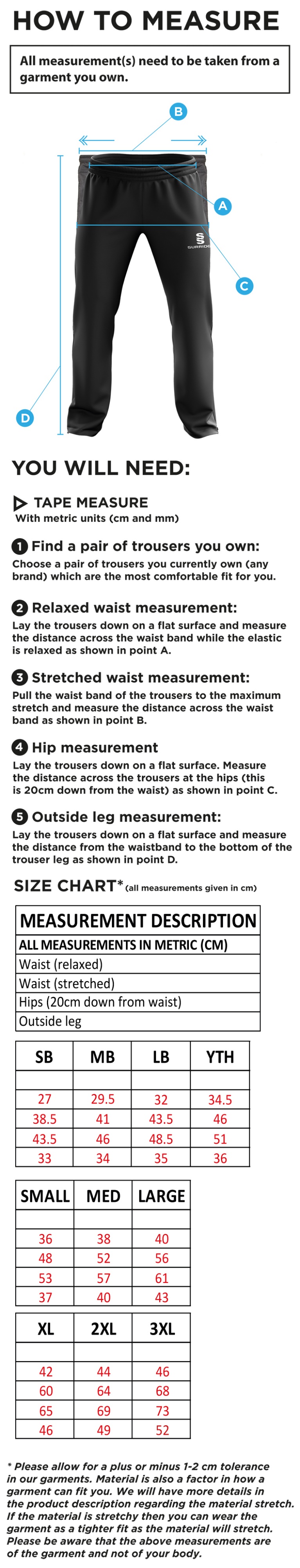 Solihull Blossomfield CC - Ripstop Track Pants - Size Guide