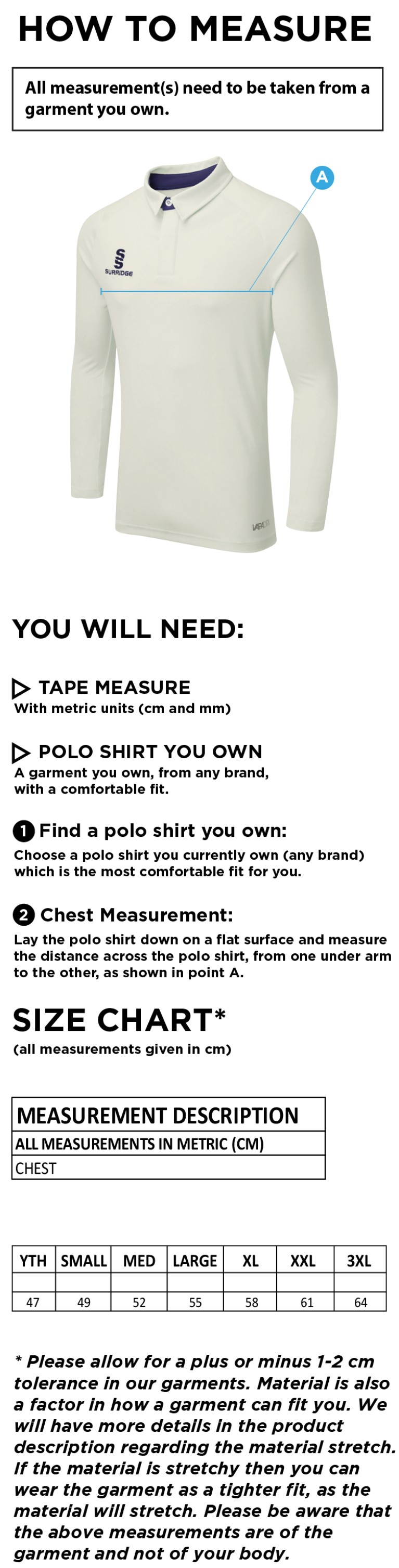 Solihull Blossomfield Sports Club - Ergo Long Sleeved Shirt - Size Guide