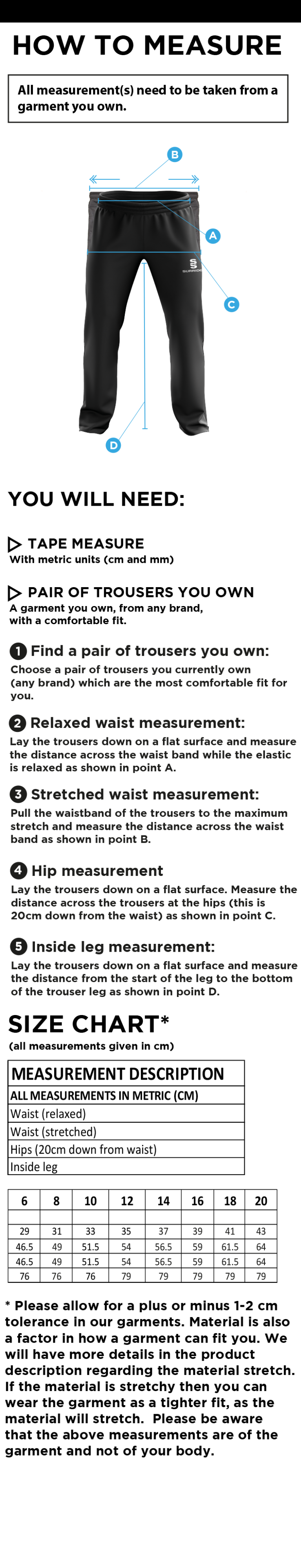 Solihull Blossomfield CC - Ladies Ripstop Track Pant - Size Guide