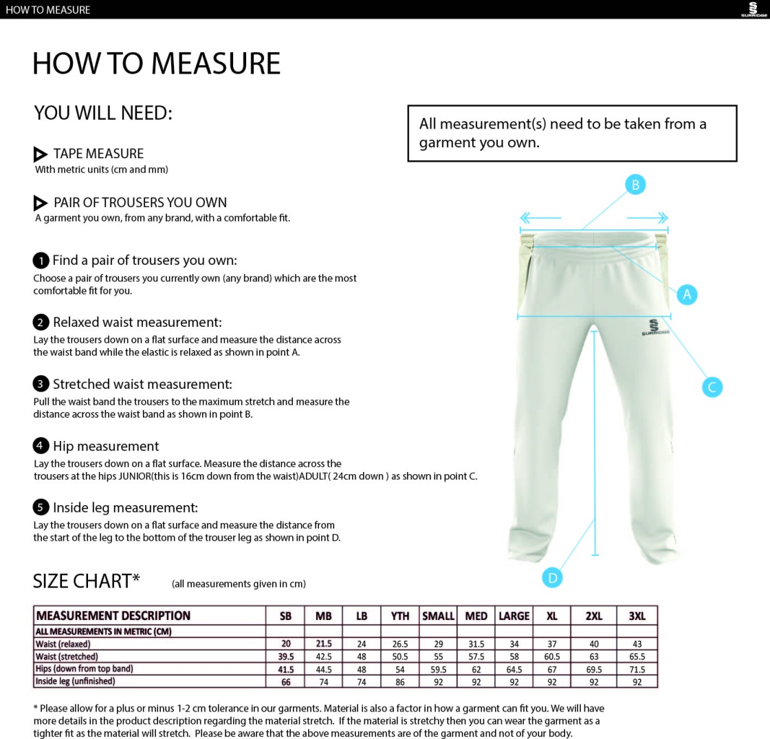 Solihull Blossomfield Sports Club - Standard Playing Trousers - Size Guide