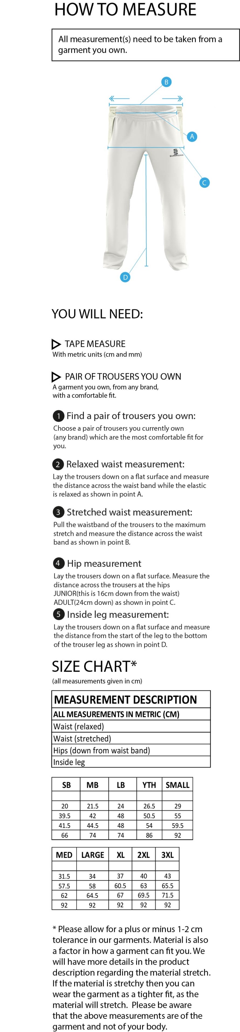 Solihull Blossomfield Sports Club - Standard Playing Trousers - Size Guide