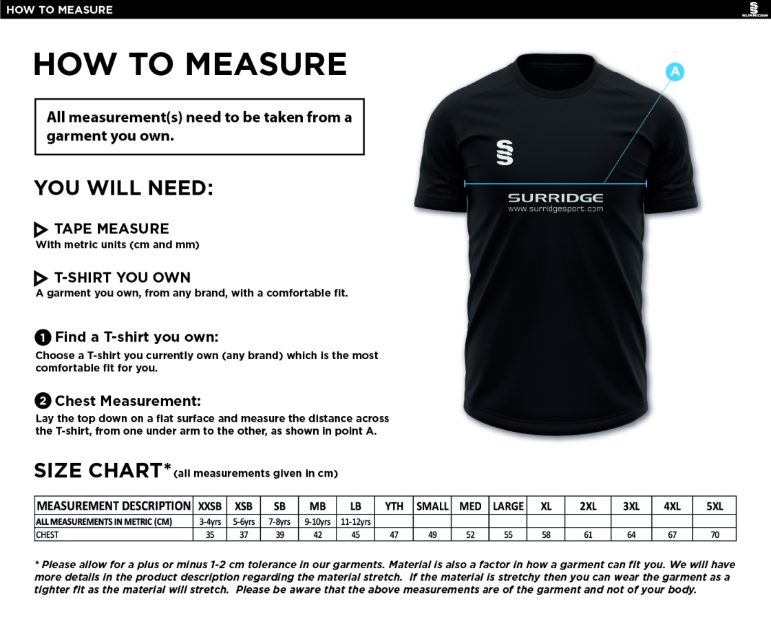Solihull Blossomfield CC - Blade Training Shirt - Size Guide