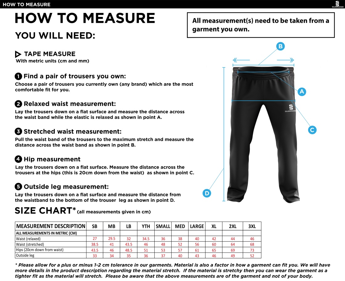 Solihull Blossomfield CC - Ripstop Track Pants - Size Guide