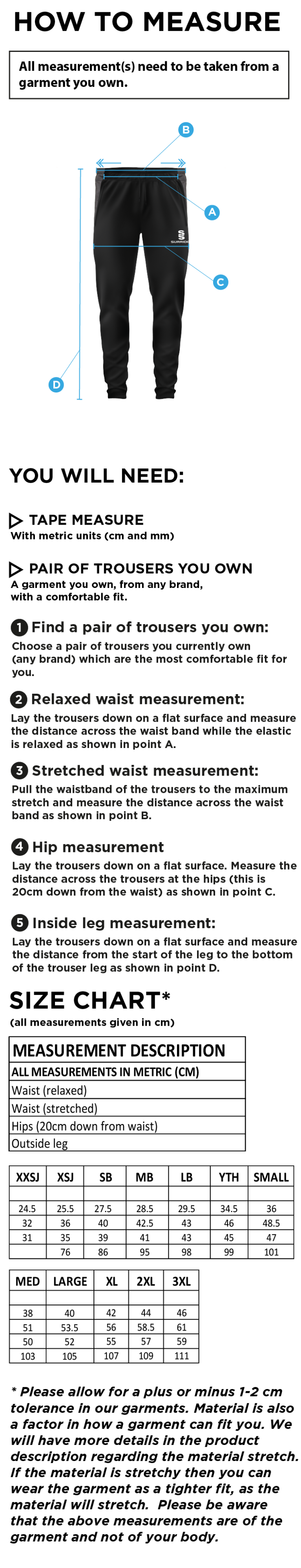 Solihull Blossomfield CC - Tek Pants - Size Guide